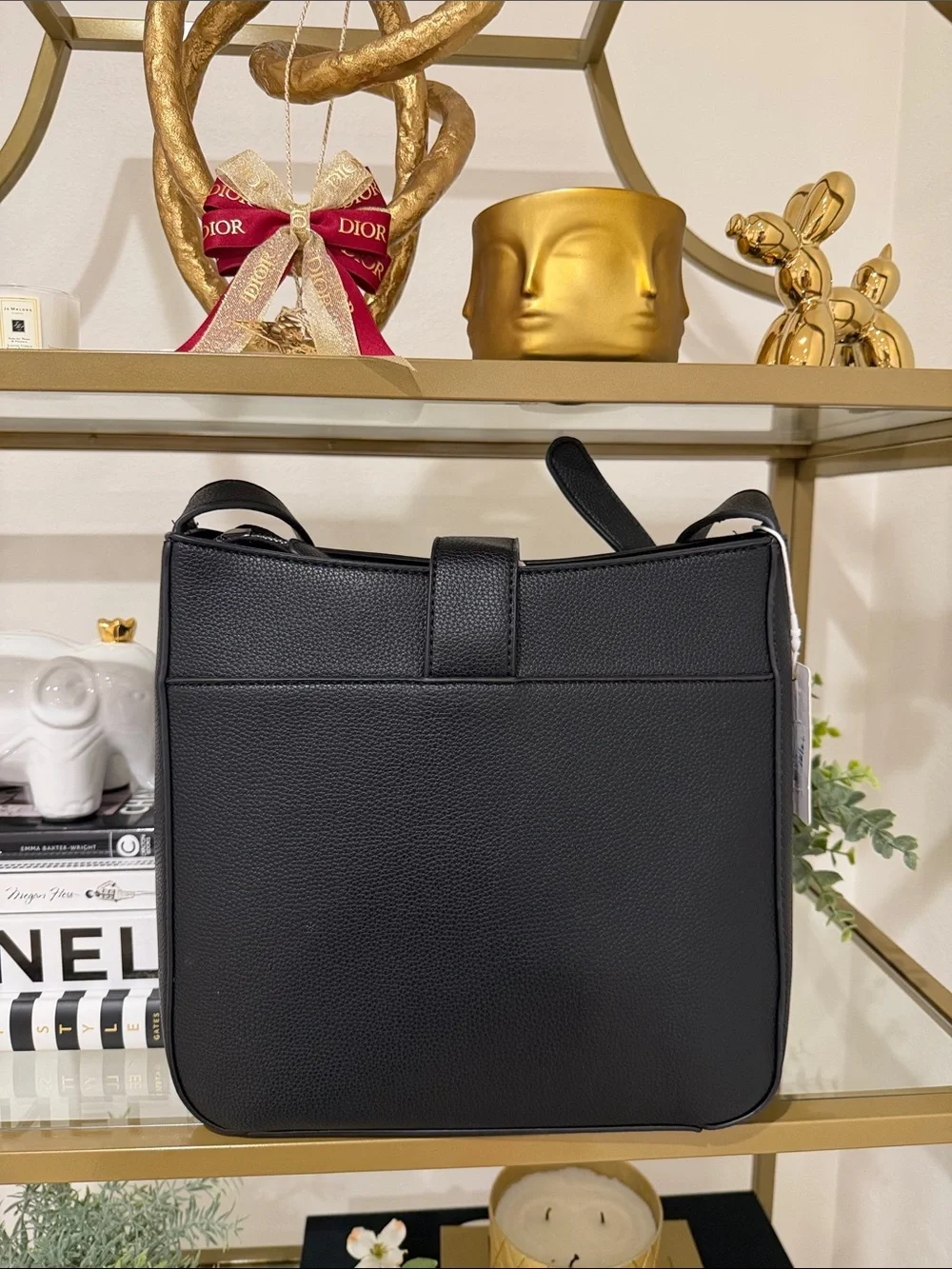 Studded Black Leather Shoulder Bag with Front Tab